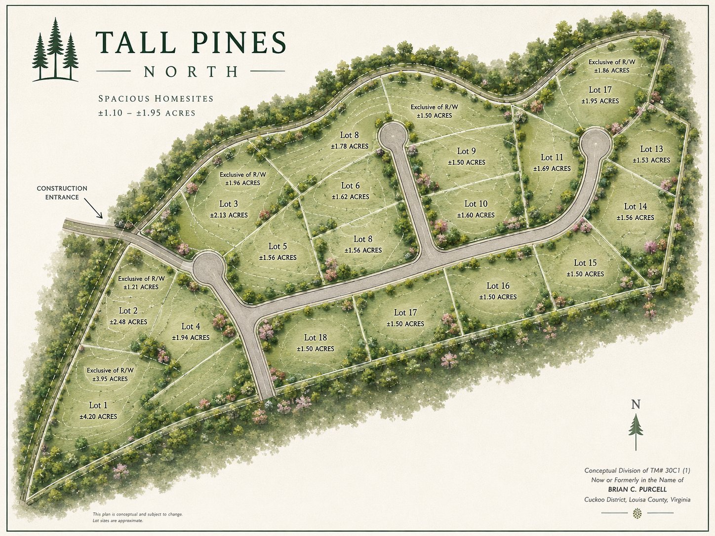 Tall Pines North conceptual division plat showing eighteen lots arranged around three cul-de-sacs, with a construction entrance off Old Mill Road